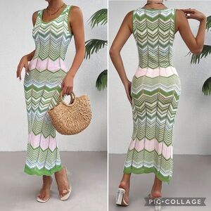 New Crochet Chevron Pattern Crew Neck Tank Dress Long Maxi Sleeveless Knitted